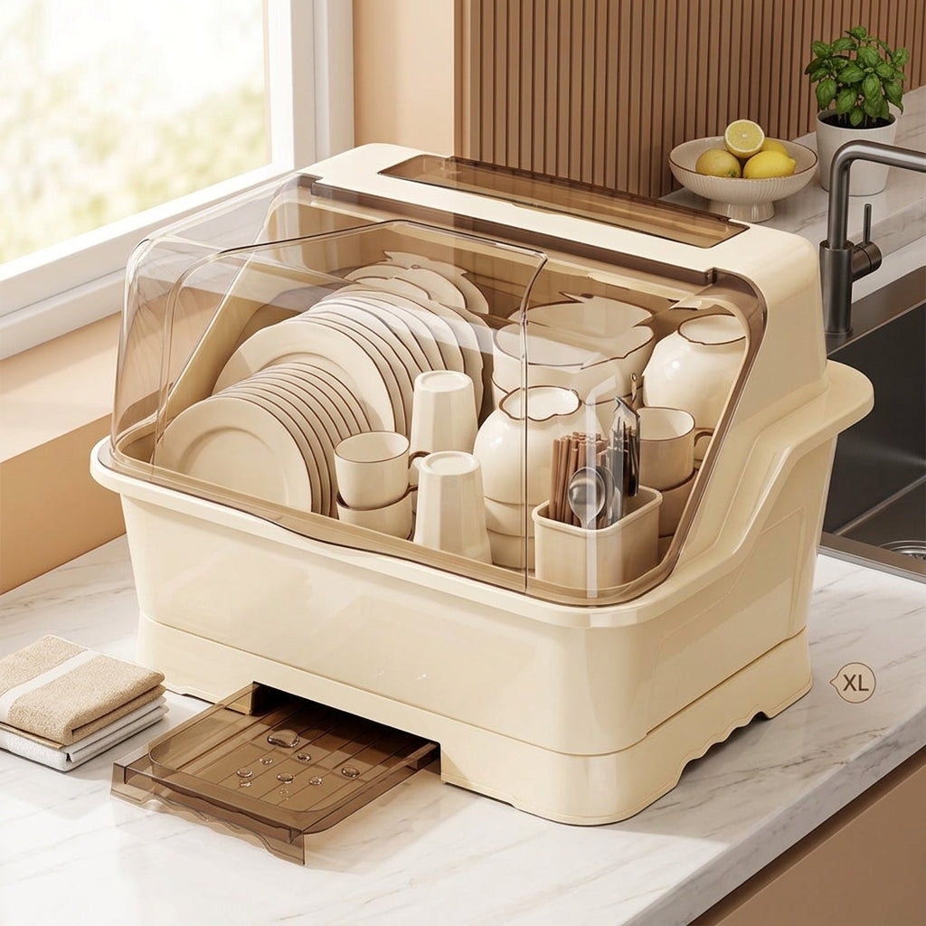 Cream Dish Drying Rack with Transparent Lid Kitchen Storage Cabinet & Organizer