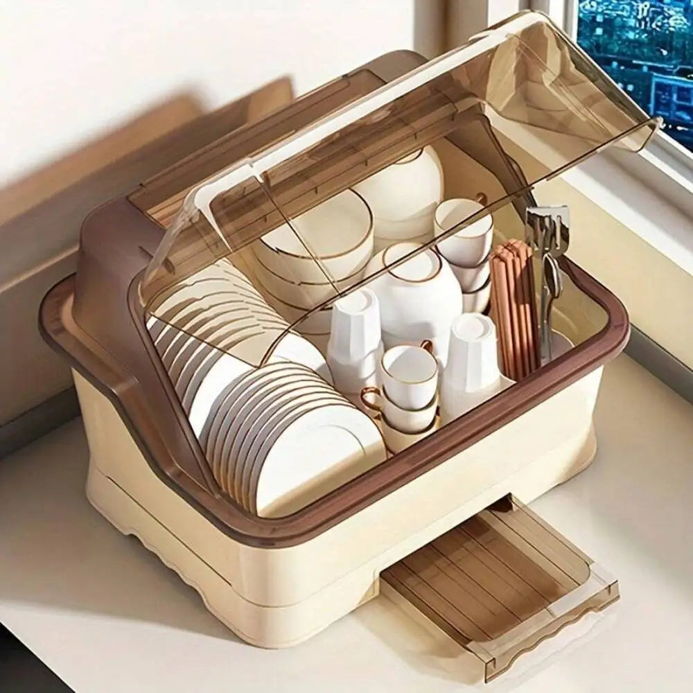 Cream Dish Drying Rack with Transparent Lid Kitchen Storage Cabinet & Organizer