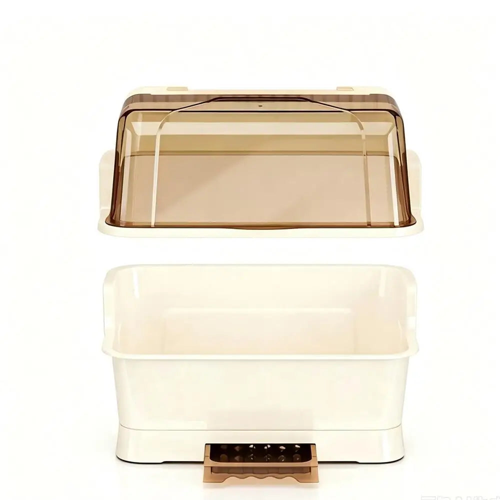 Cream Dish Drying Rack with Transparent Lid Kitchen Storage Cabinet & Organizer