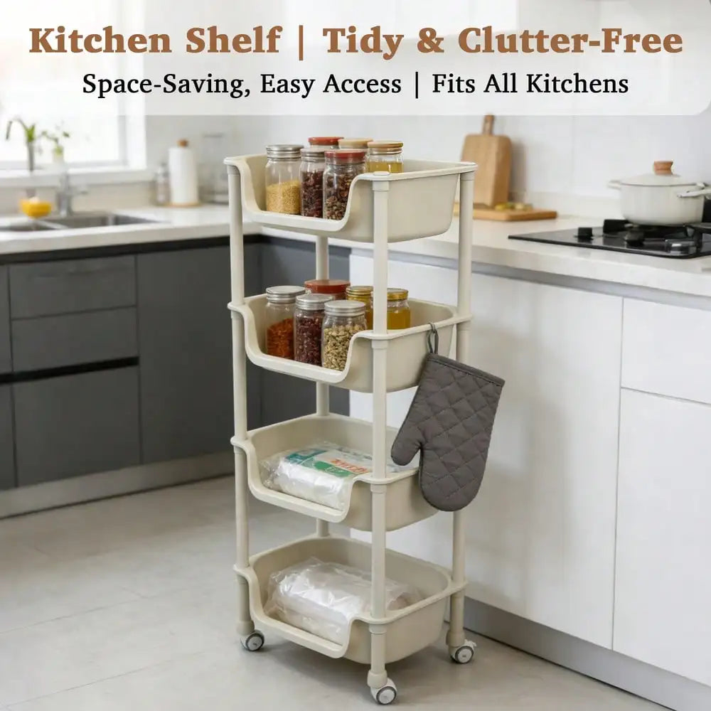 5-Tier Rolling Utility Cart with Wheels, Heavy Duty Plastic Storage Organizer Shelf, Mobile Utility Trolley for Kitchen, Bathroom, Bedroom, Office, White