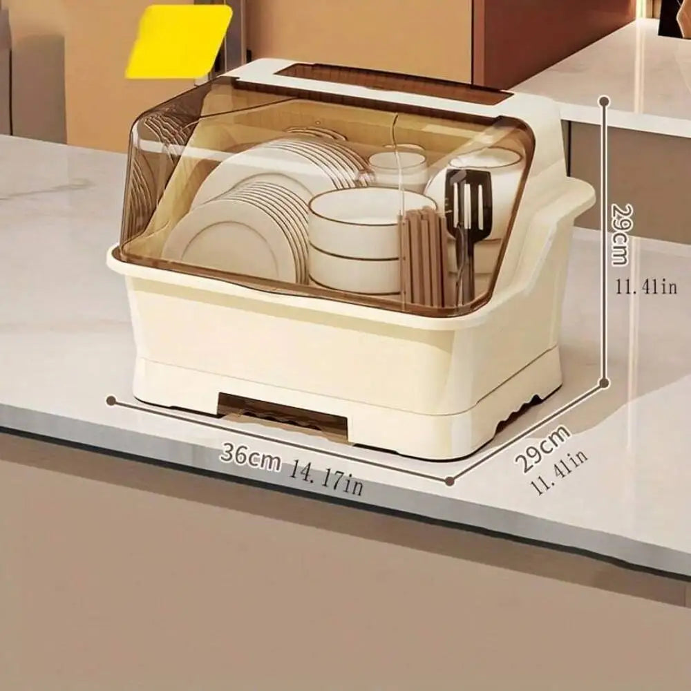 Cream Dish Drying Rack with Transparent Lid Kitchen Storage Cabinet & Organizer