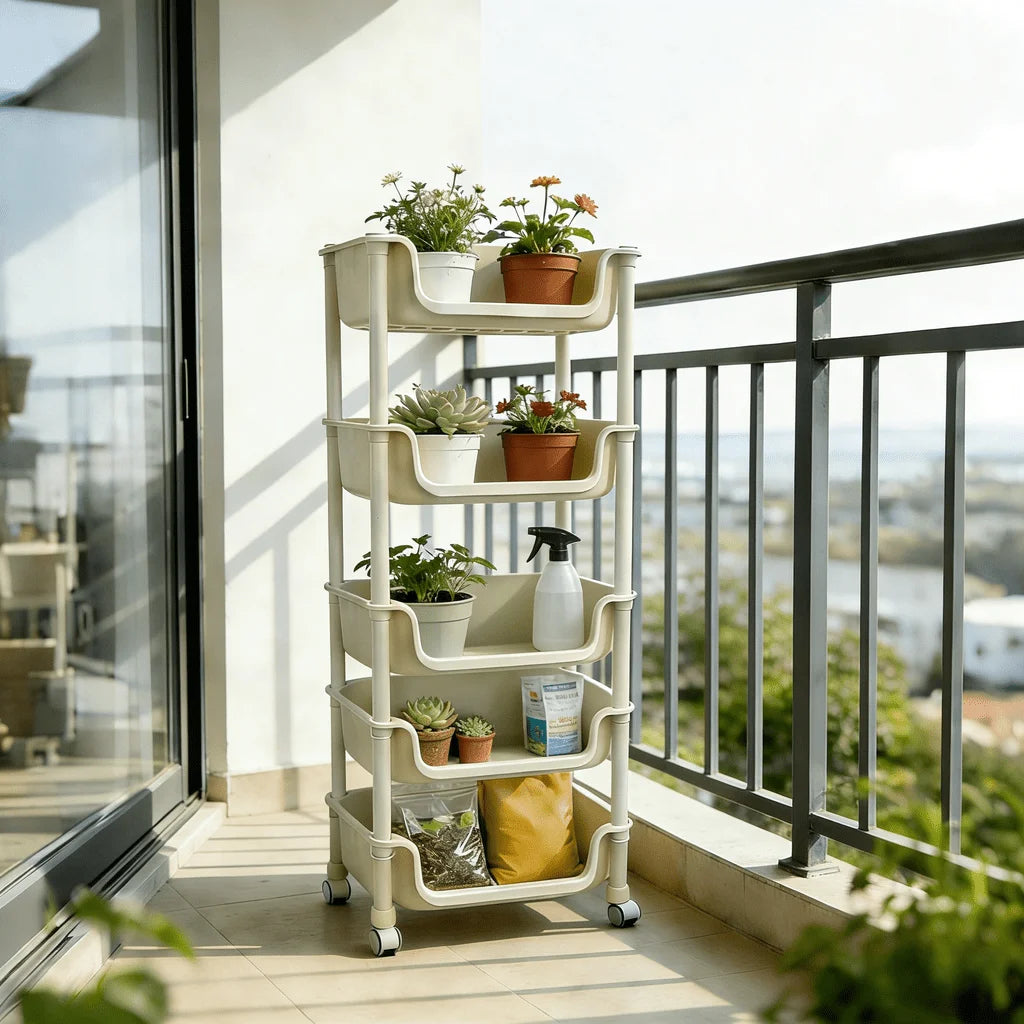5-Tier Rolling Utility Cart with Wheels, Heavy Duty Plastic Storage Organizer Shelf, Mobile Utility Trolley for Kitchen, Bathroom, Bedroom, Office, White