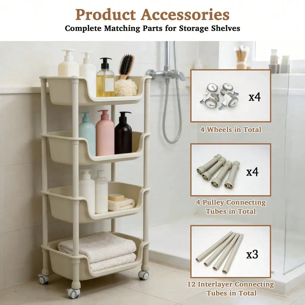 5-Tier Rolling Utility Cart with Wheels, Heavy Duty Plastic Storage Organizer Shelf, Mobile Utility Trolley for Kitchen, Bathroom, Bedroom, Office, White