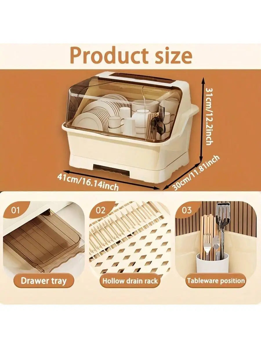 Cream Dish Drying Rack with Transparent Lid Kitchen Storage Cabinet & Organizer