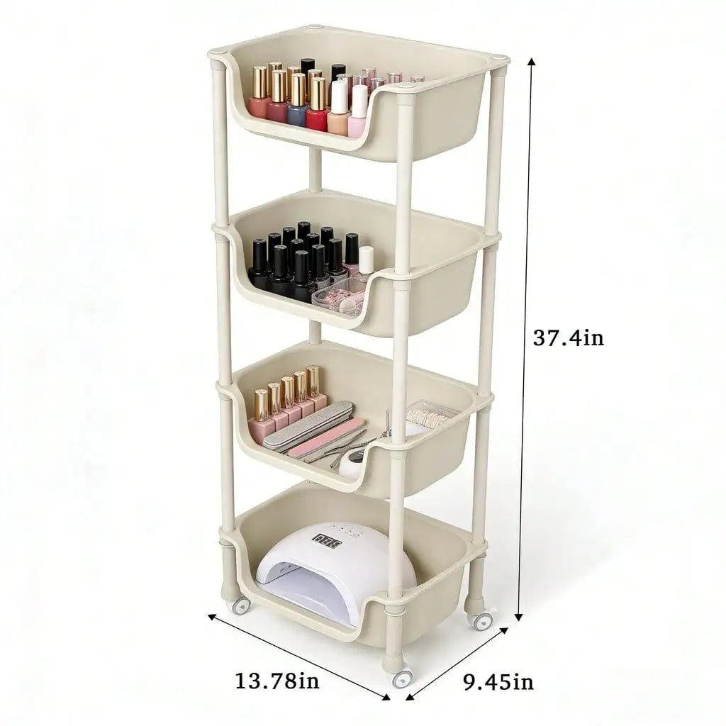 5-Tier Rolling Utility Cart with Wheels, Heavy Duty Plastic Storage Organizer Shelf, Mobile Utility Trolley for Kitchen, Bathroom, Bedroom, Office, White