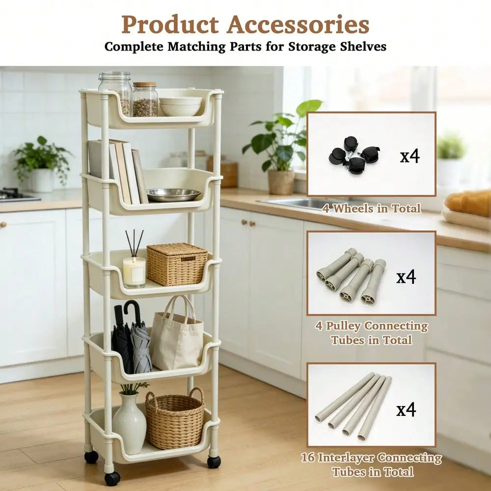 5-Tier Rolling Utility Cart with Wheels, Heavy Duty Plastic Storage Organizer Shelf, Mobile Utility Trolley for Kitchen, Bathroom, Bedroom, Office, White