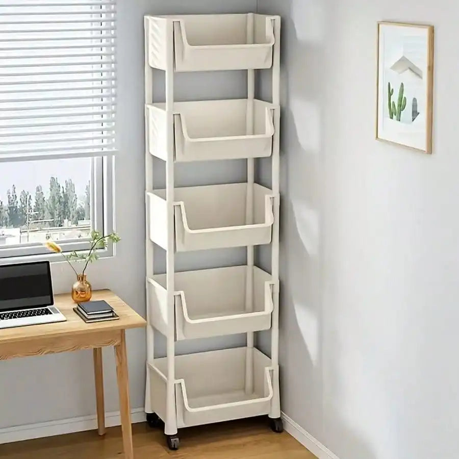 5-Tier Rolling Utility Cart with Wheels, Heavy Duty Plastic Storage Organizer Shelf, Mobile Utility Trolley for Kitchen, Bathroom, Bedroom, Office, White